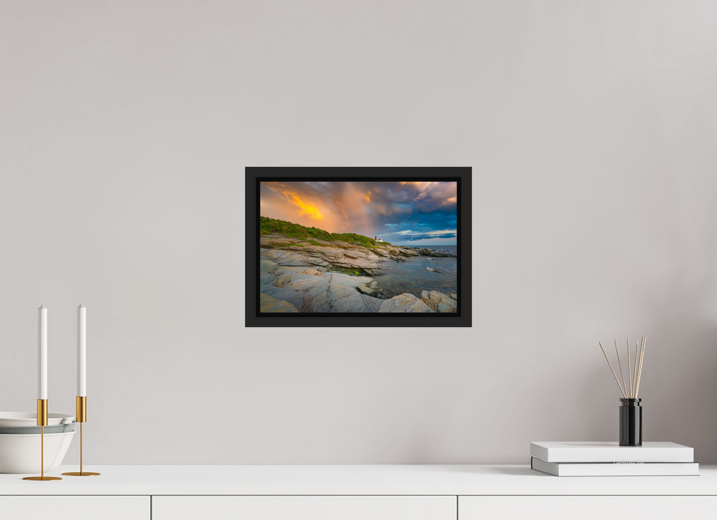 12 x 8″, Premium ChromaLuxe HD Aluminum Metal Print with Black Wood Floater Frame Rainbow Over Beavertail Lighthouse