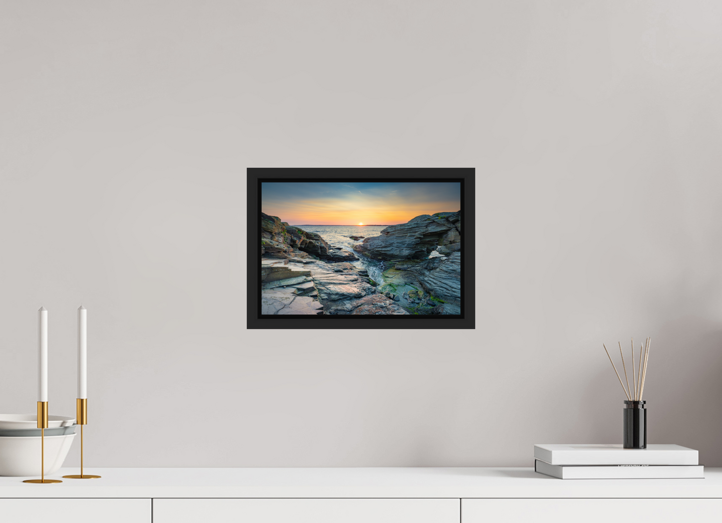 12 x 8″, Photo Print Under Acrylic Glass with Black Wood Floater Frame Sun on the Horizon