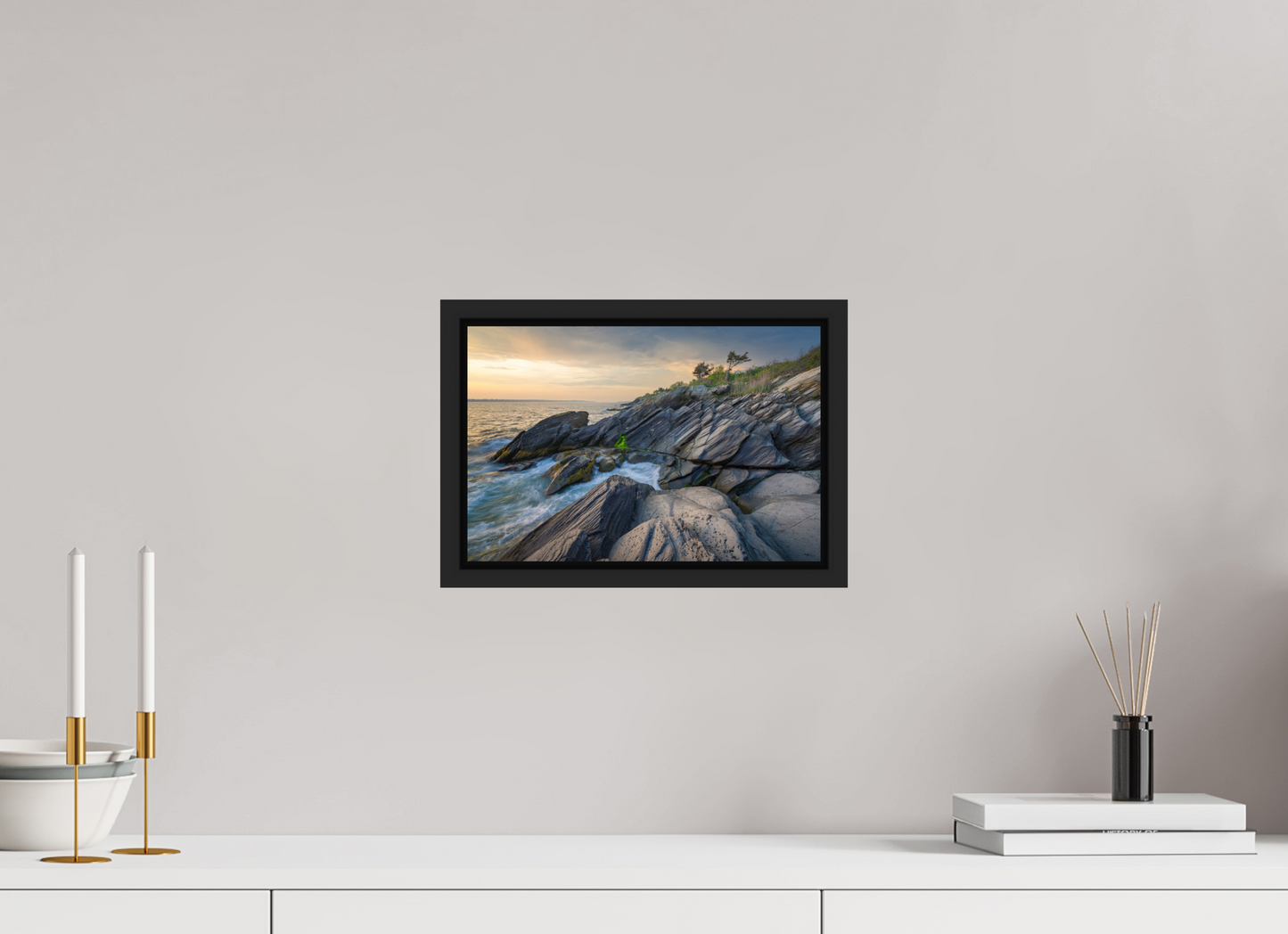 12 x 8″, Premium ChromaLuxe HD Aluminum Metal Print with Black Wood Floater Frame Sunset Glow at Beavertail
