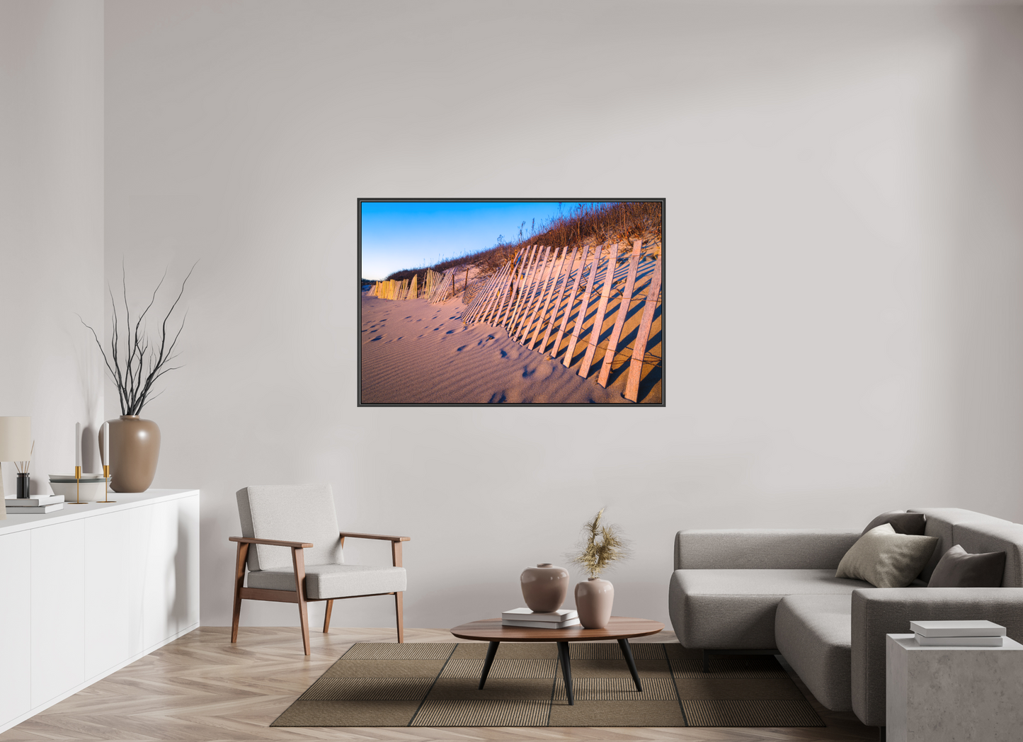 60 x 40″, Matte Canvas Print with Black Wood Floater Frame Sunset Glow on Sand Hill Cove Dunes