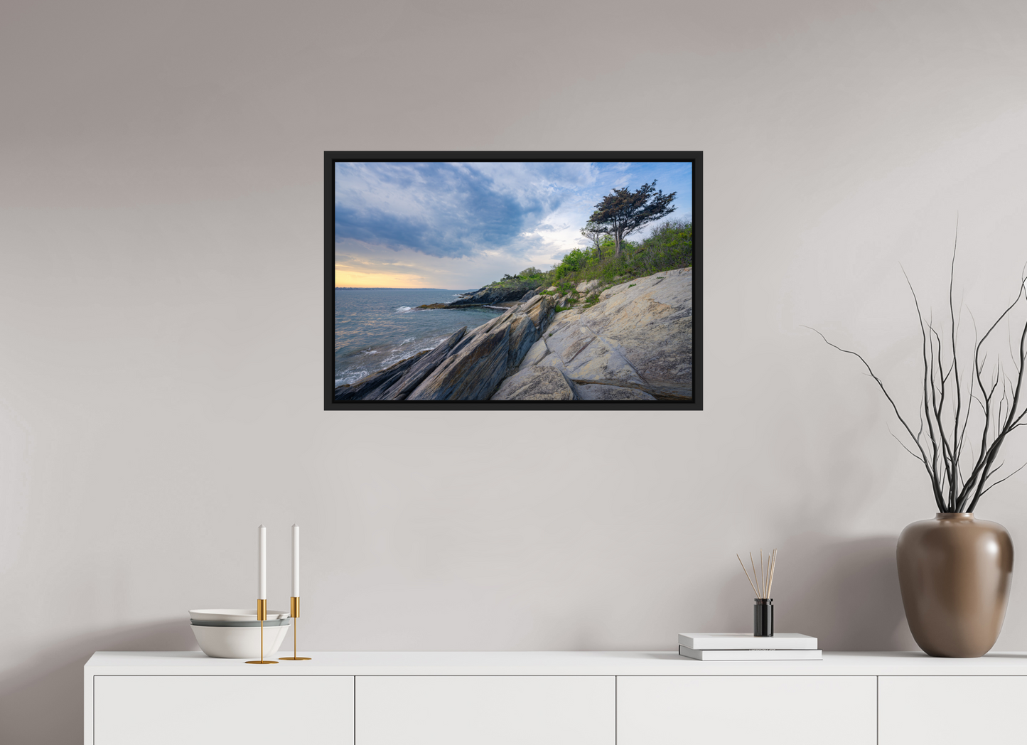 30 x 20″, Premium ChromaLuxe HD Aluminum Metal Print with Black Wood Floater Frame Rain in the Distance at Beavertail