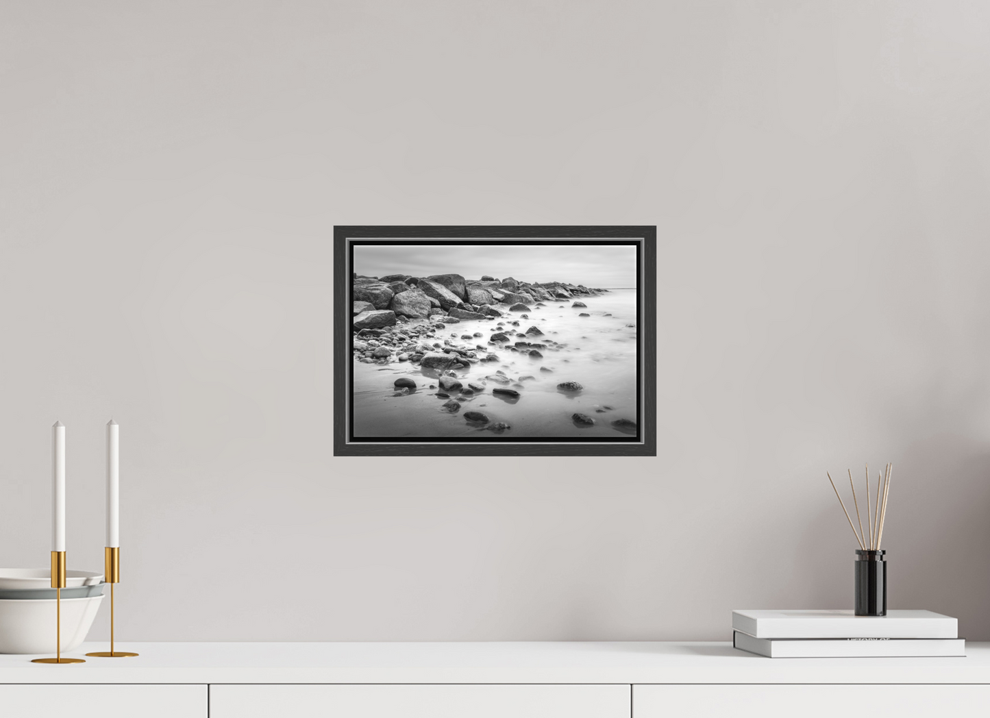 12 x 8″, Matte Canvas Print with Black Wood Floater Frame Overcast Morning at Sand Hill Cove