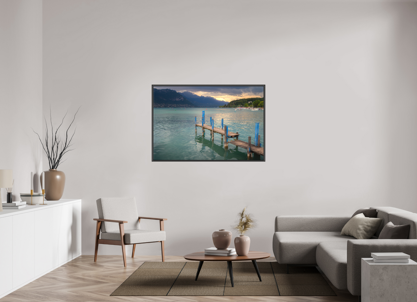 54 x 36″, Matte Canvas Print with Black Wood Floater Frame Thunderstorm over Lake Annecy