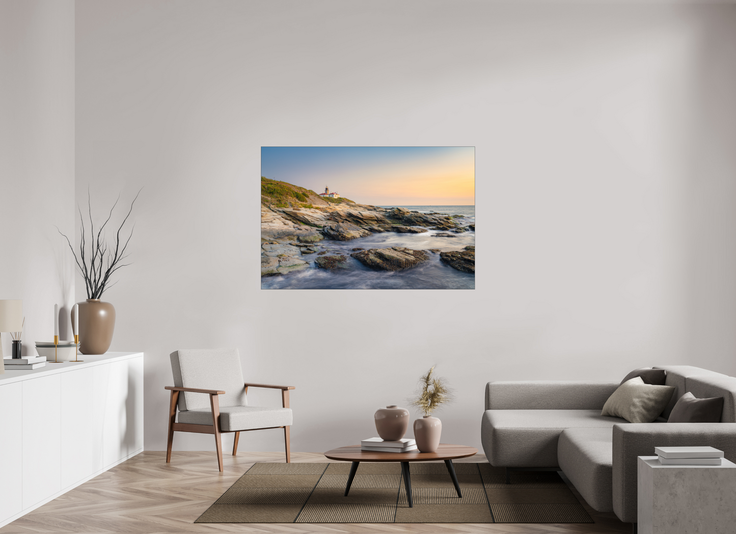 60 x 40″, Premium Photo Print under Acrylic Glass with Black Slimline Case Quiet Sunset at Beavertail Lighthouse