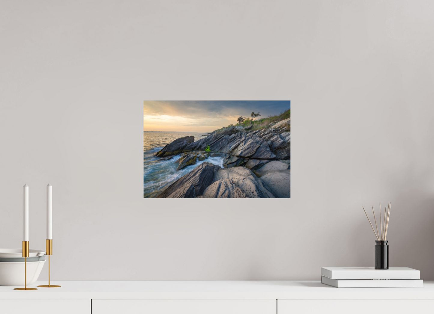 15 x 10″, Premium ChromaLuxe HD Aluminum Metal Print Sunset Glow at Beavertail