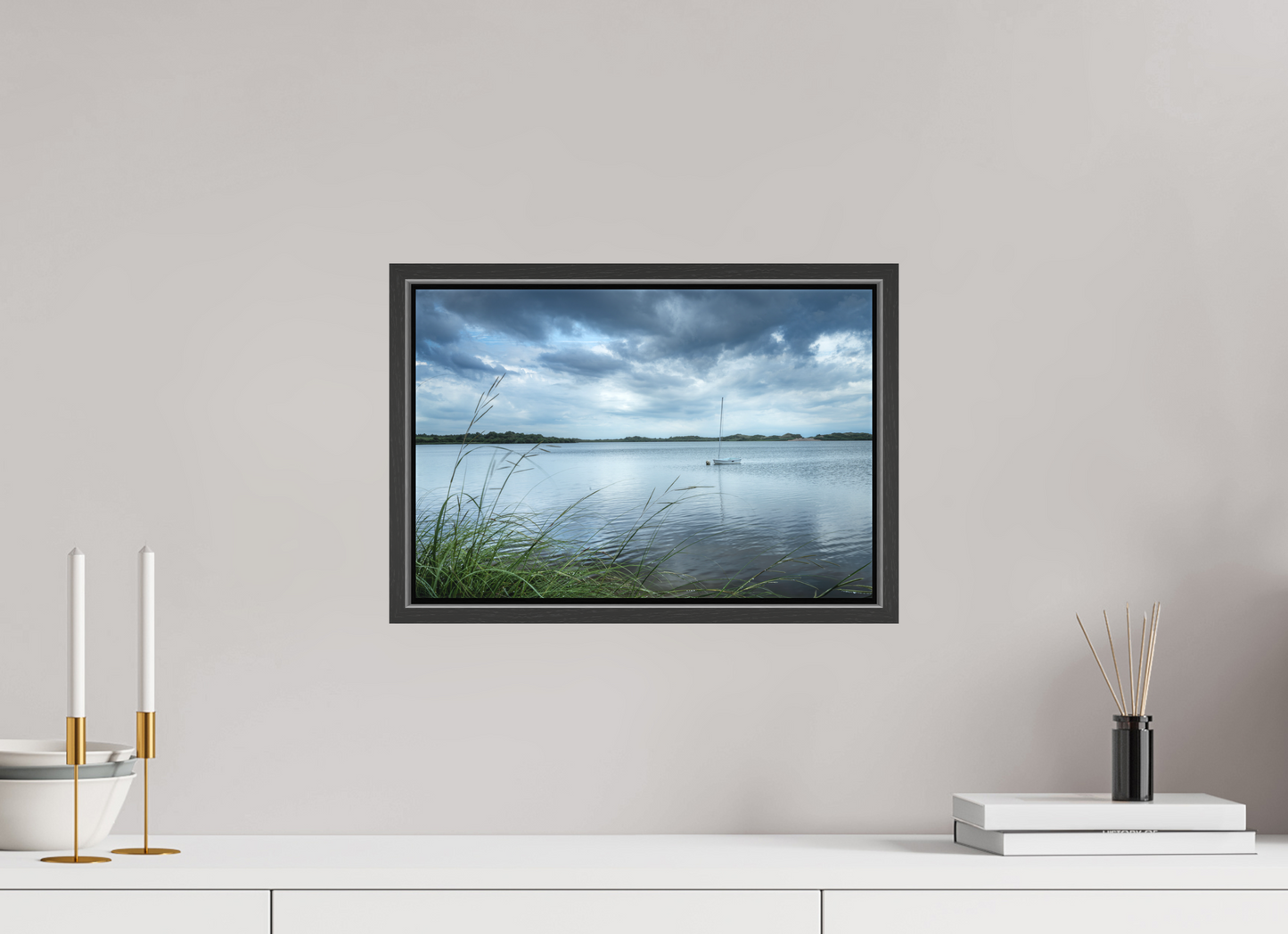 15 x 10″, Matte Canvas Print with Black Wood Floater Frame Lonely Boat on Sachem Pond
