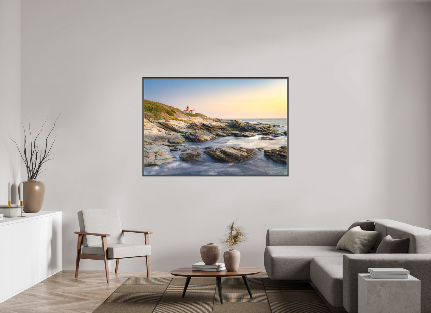 66 x 44″, Matte Canvas Print with Black Wood Floater Frame Quiet Sunset at Beavertail Lighthouse