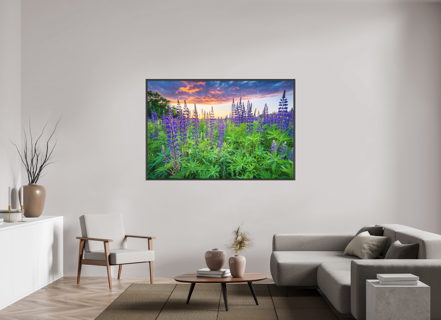 66 x 44″, Matte Canvas Print with Black Wood Floater Frame Lupine Sunset