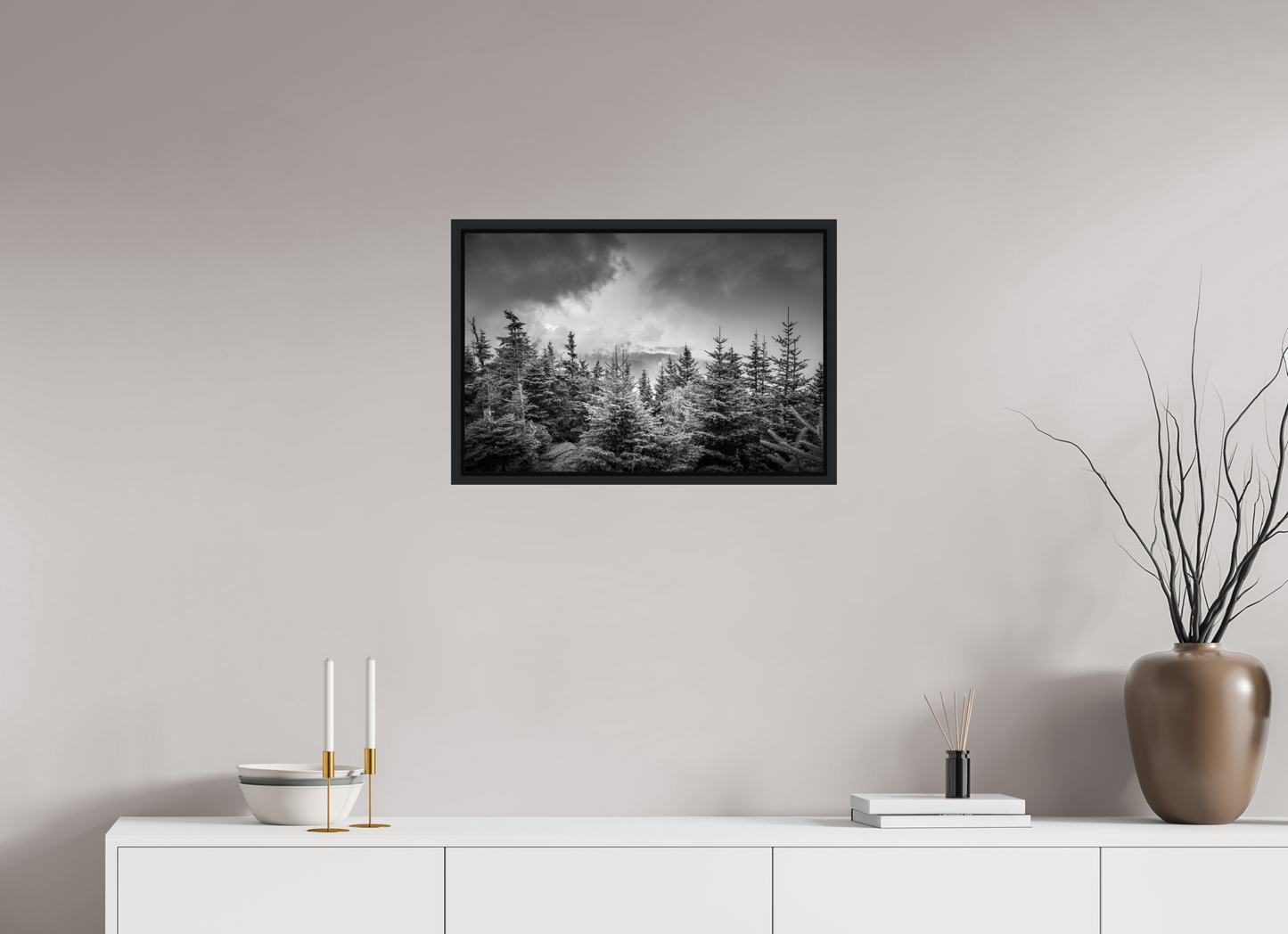 24 x 16″, ChromaLuxe HD Metal Print with Black Wood Floater Frame Pines in Mountain Clouds
