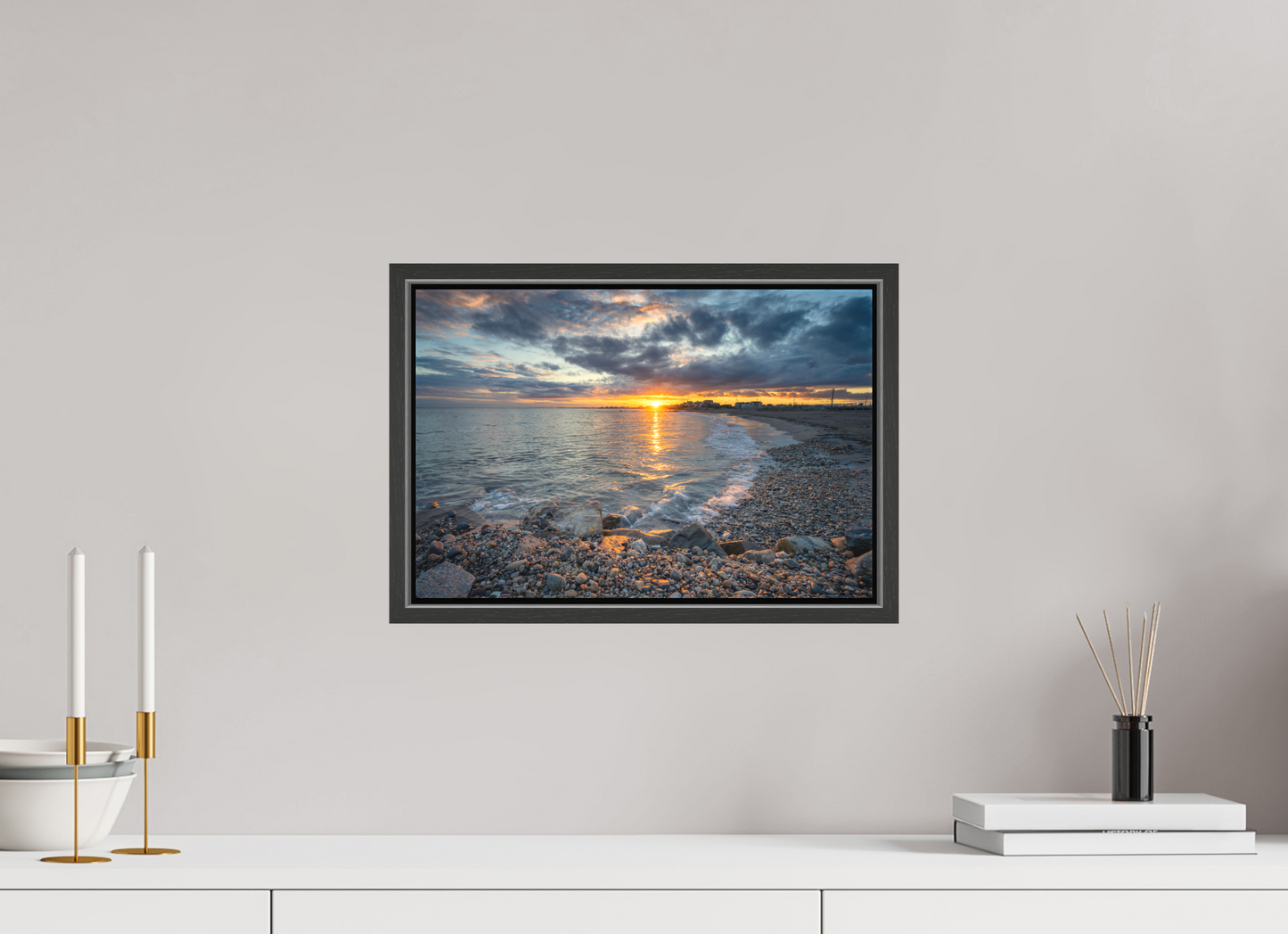 15 x 10″, Matte Canvas Print with Black Wood Floater Frame Roger Wheeler State Beach Sunset