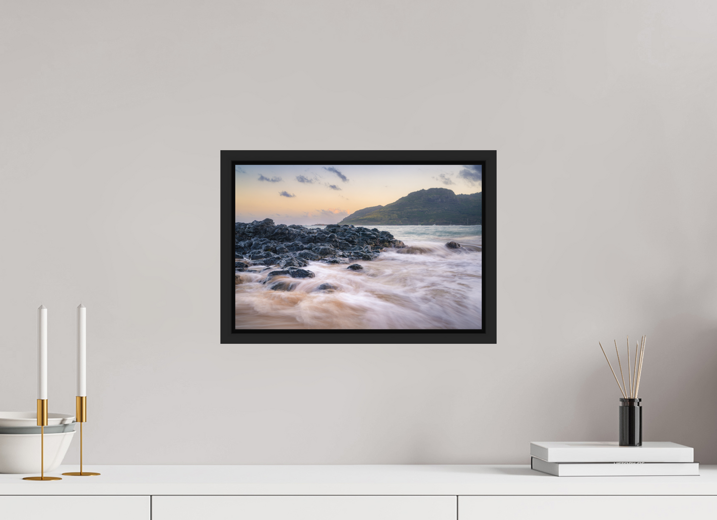 15 x 10″, Photo Print under Acrylic Glass with Black Wood Floater Frame Lihue Sunset