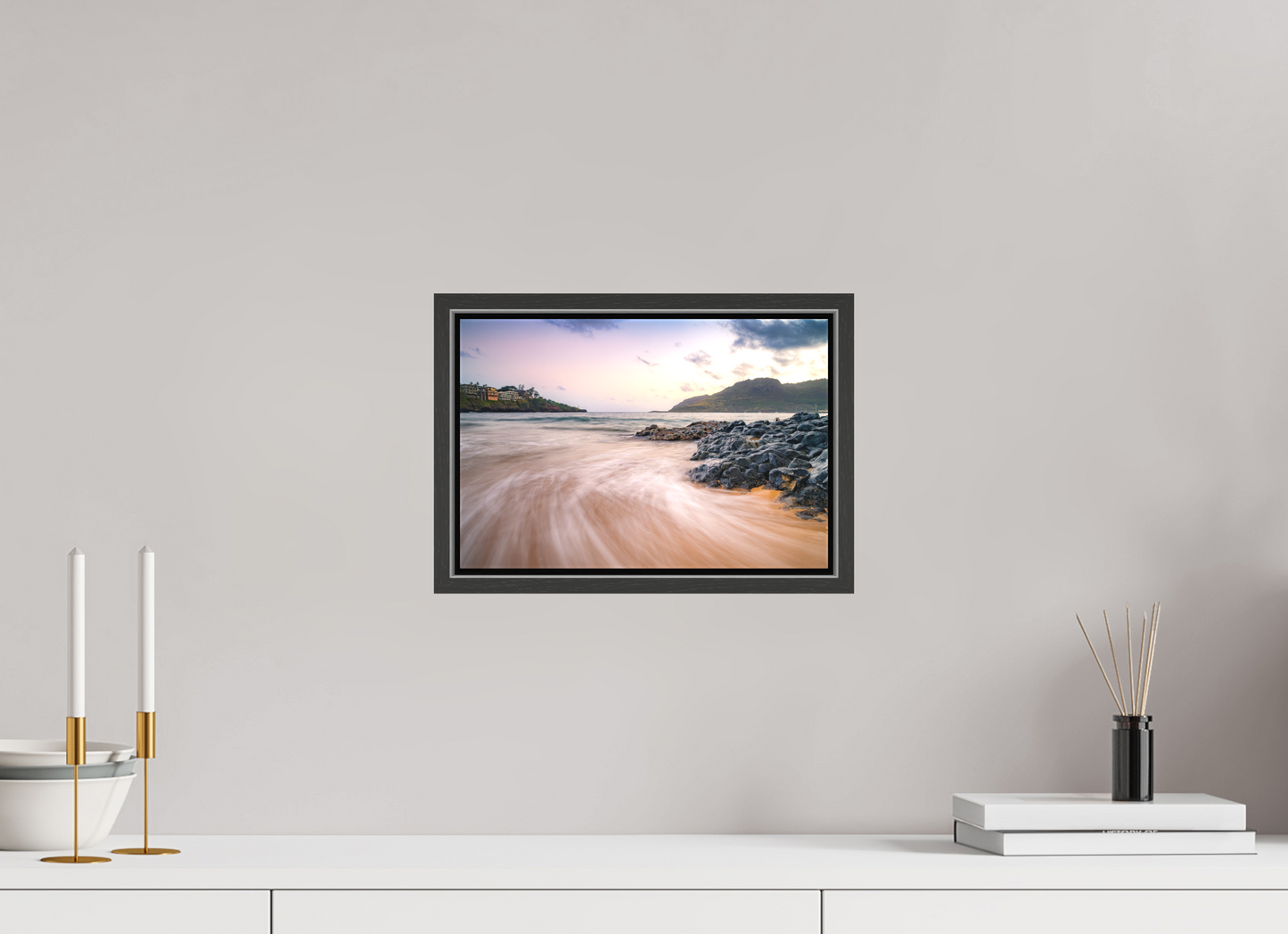 12 x 8″, Matte Canvas Print with Black Wood Floater Frame Waves Retreating