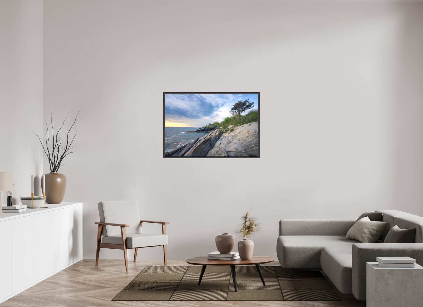 45 x 30″, Matte Canvas Print with Black Wood Floater Frame Rain in the Distance at Beavertail