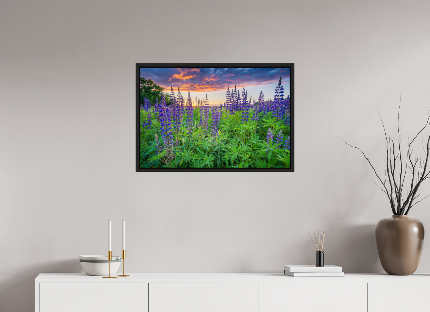 30 x 20″, Premium ChromaLuxe HD Aluminum Metal Print with Black Wood Floater Frame Lupine Sunset