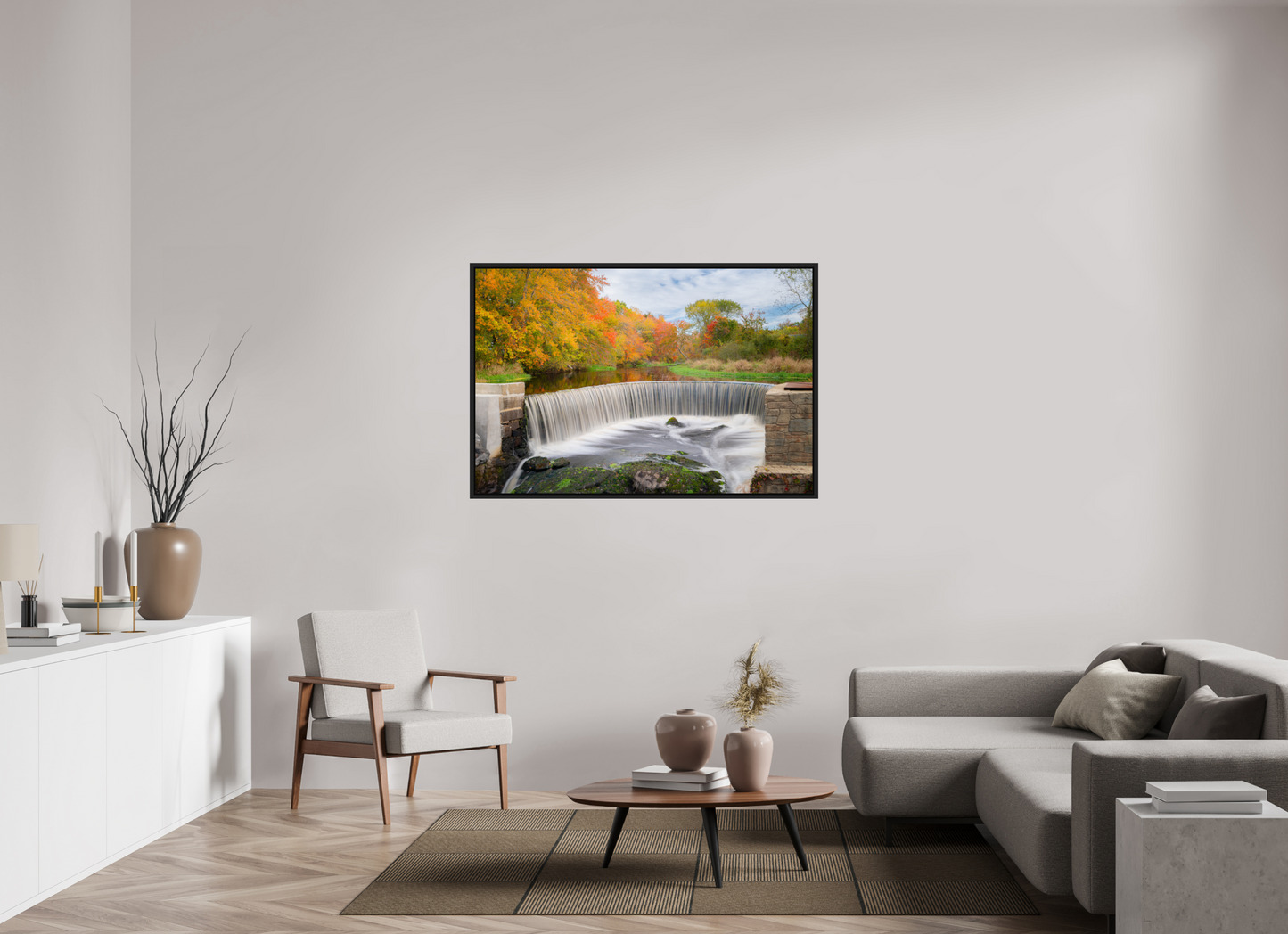 54 x 36″, ChromaLuxe HD Metal Print with Black Wood Floater Frame Autumn at Horseshoe Falls