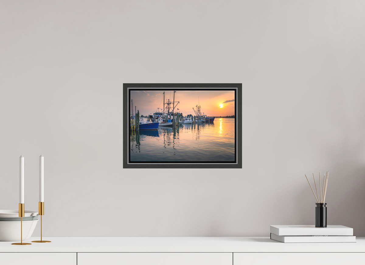 12 x 8″, Matte Canvas Print with Black Wood Floater Frame Boats at Sunset