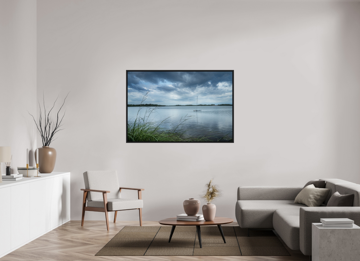 60 x 40″, Photo Print under Acrylic Glass with Black Wood Floater Frame Lonely Boat on Sachem Pond