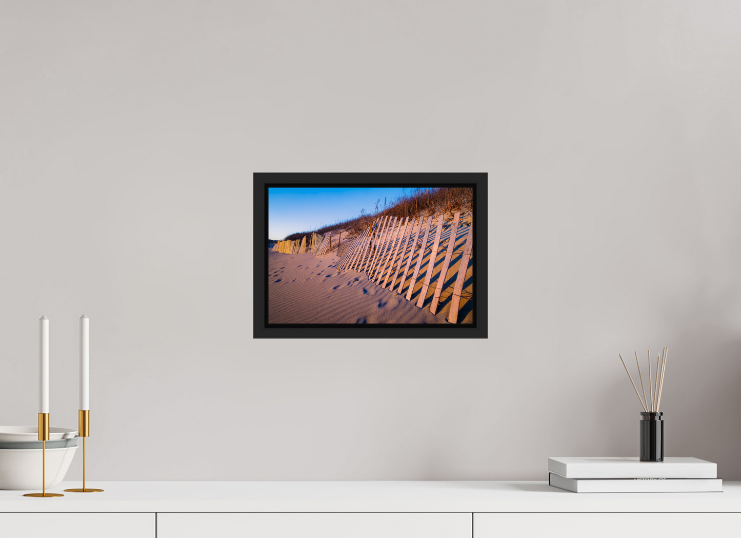 12 x 8″, Photo Print under Acrylic Glass with Black Wood Floater Frame Sunset Glow on Sand Hill Cove Dunes