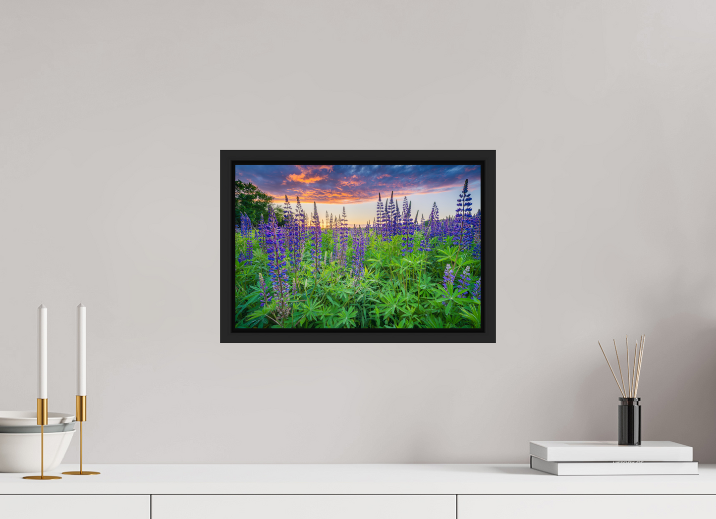 15 x 10″, Premium ChromaLuxe HD Aluminum Metal Print with Black Wood Floater Frame Lupine Sunset