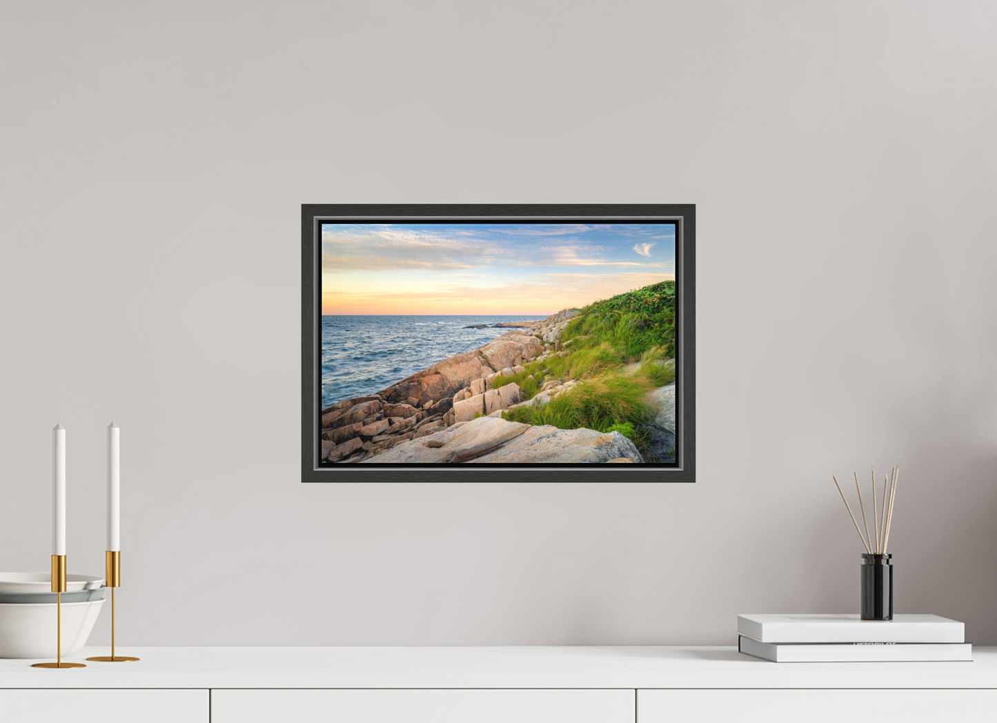 15 x 10″, Matte Canvas Print with Black Wood Floater Frame Black Point before Sunset