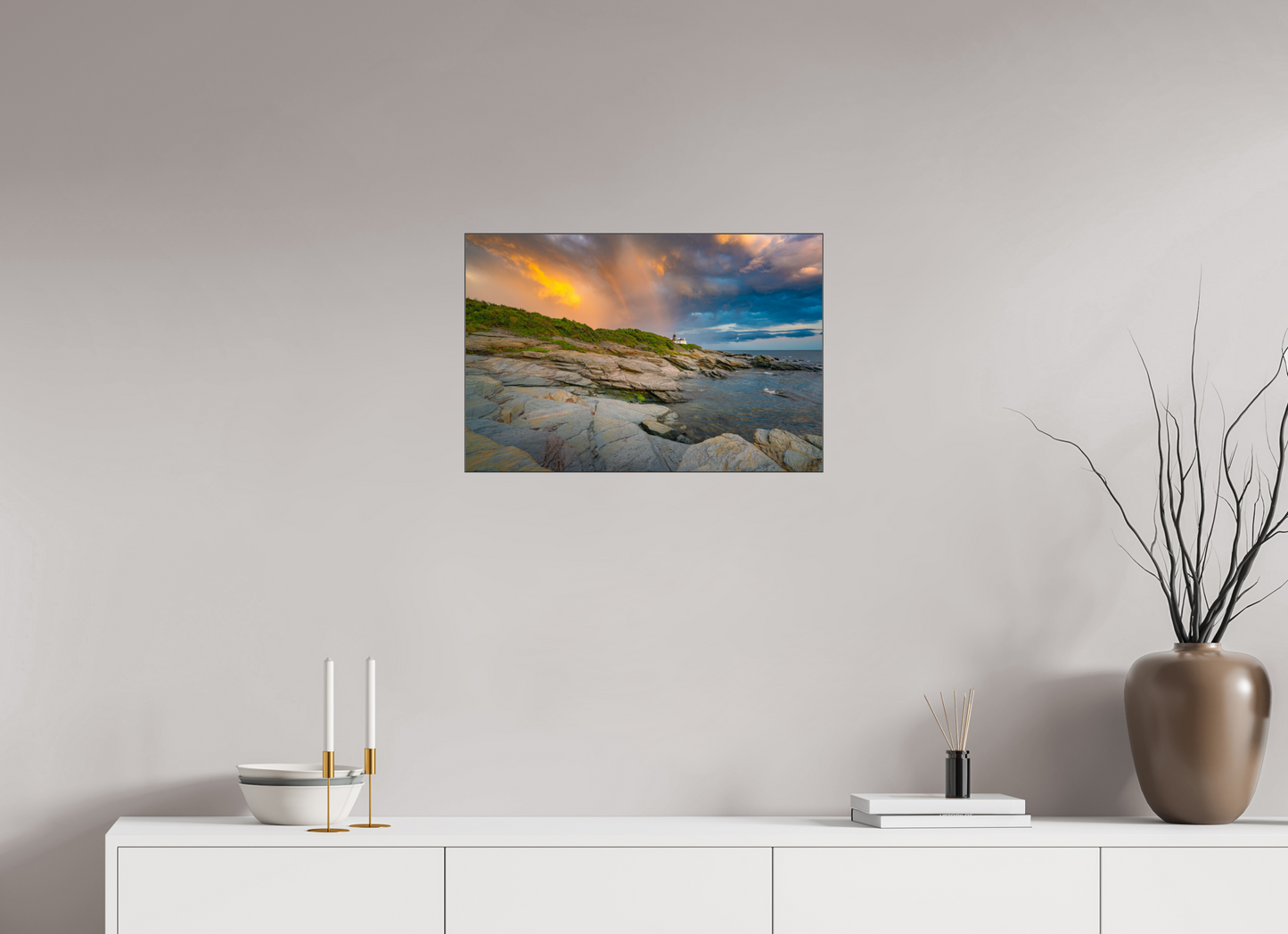24 x 16″, Premium Photo Print under Acrylic Glass with Black Slimline Case Rainbow Over Beavertail Lighthouse