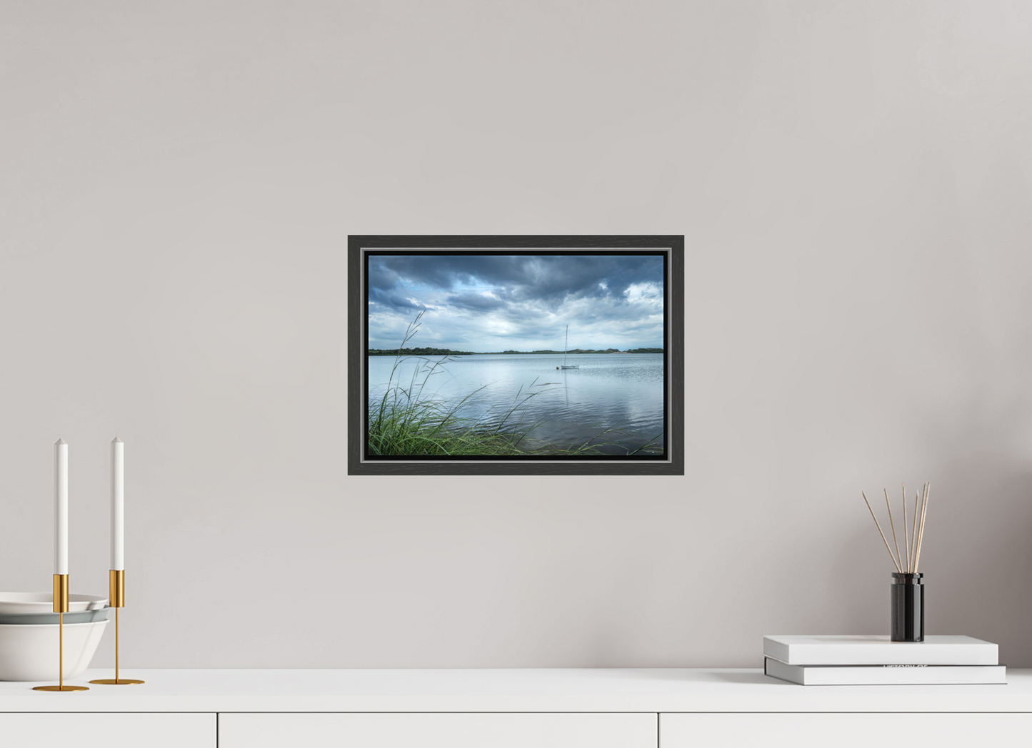 12 x 8″, Matte Canvas Print with Black Wood Floater Frame Lonely Boat on Sachem Pond