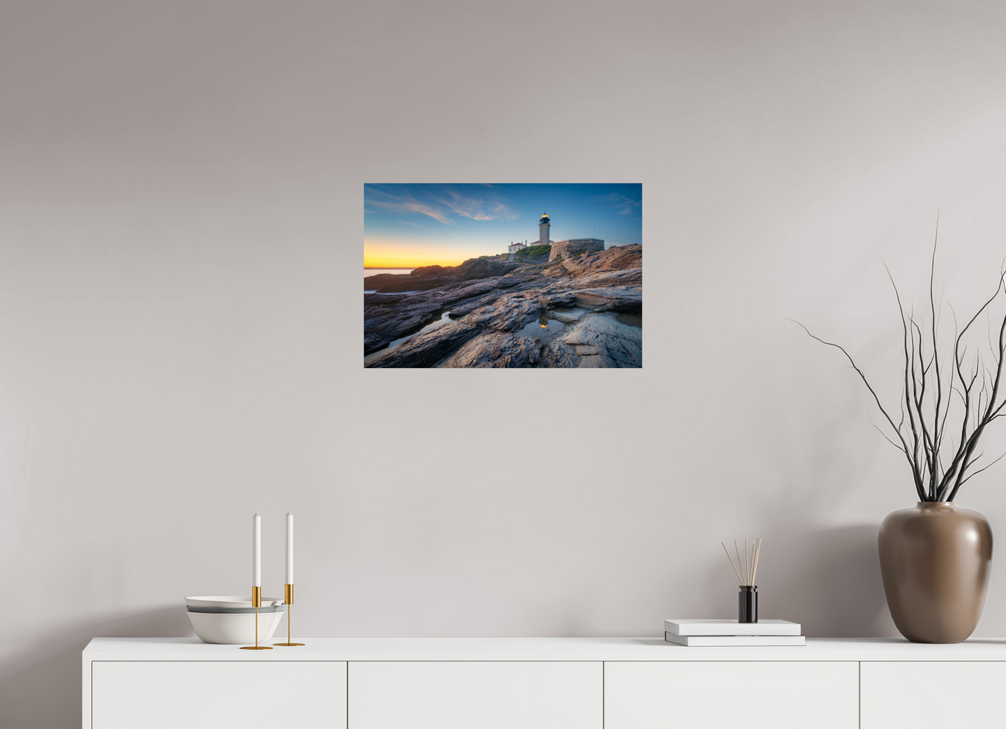 24 x 16″, Premium ChromaLuxe HD Aluminum Metal Print Beavertail Lighthouse Tide Pool Reflection