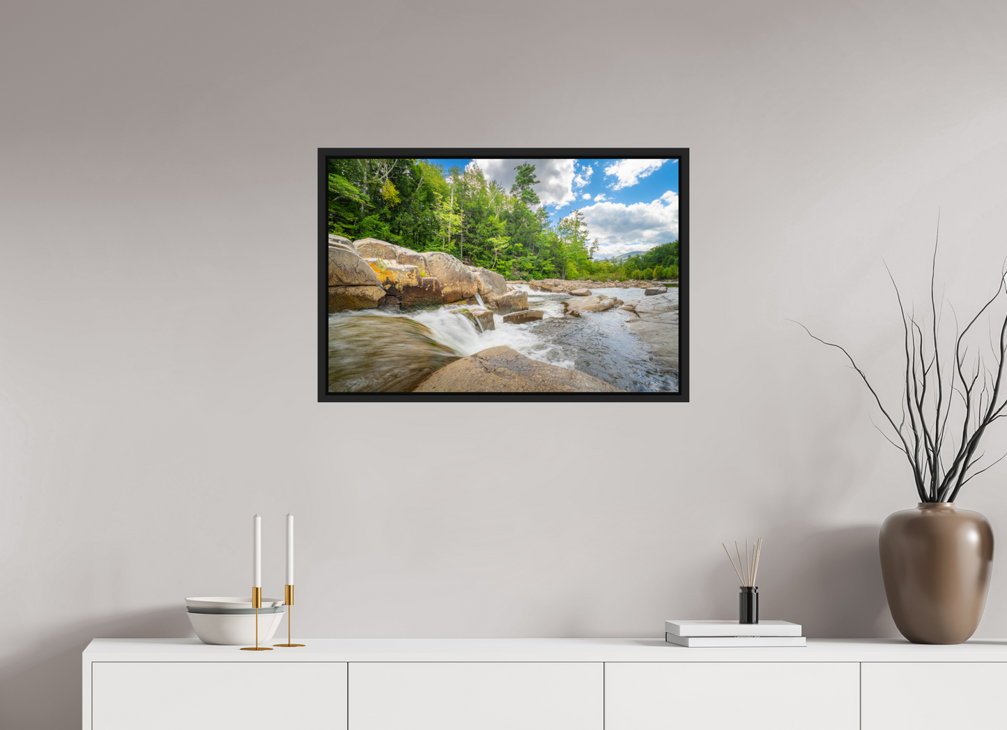 30 x 20″, ChromaLuxe HD Metal Print with Black Wood Floater Frame Over the Falls