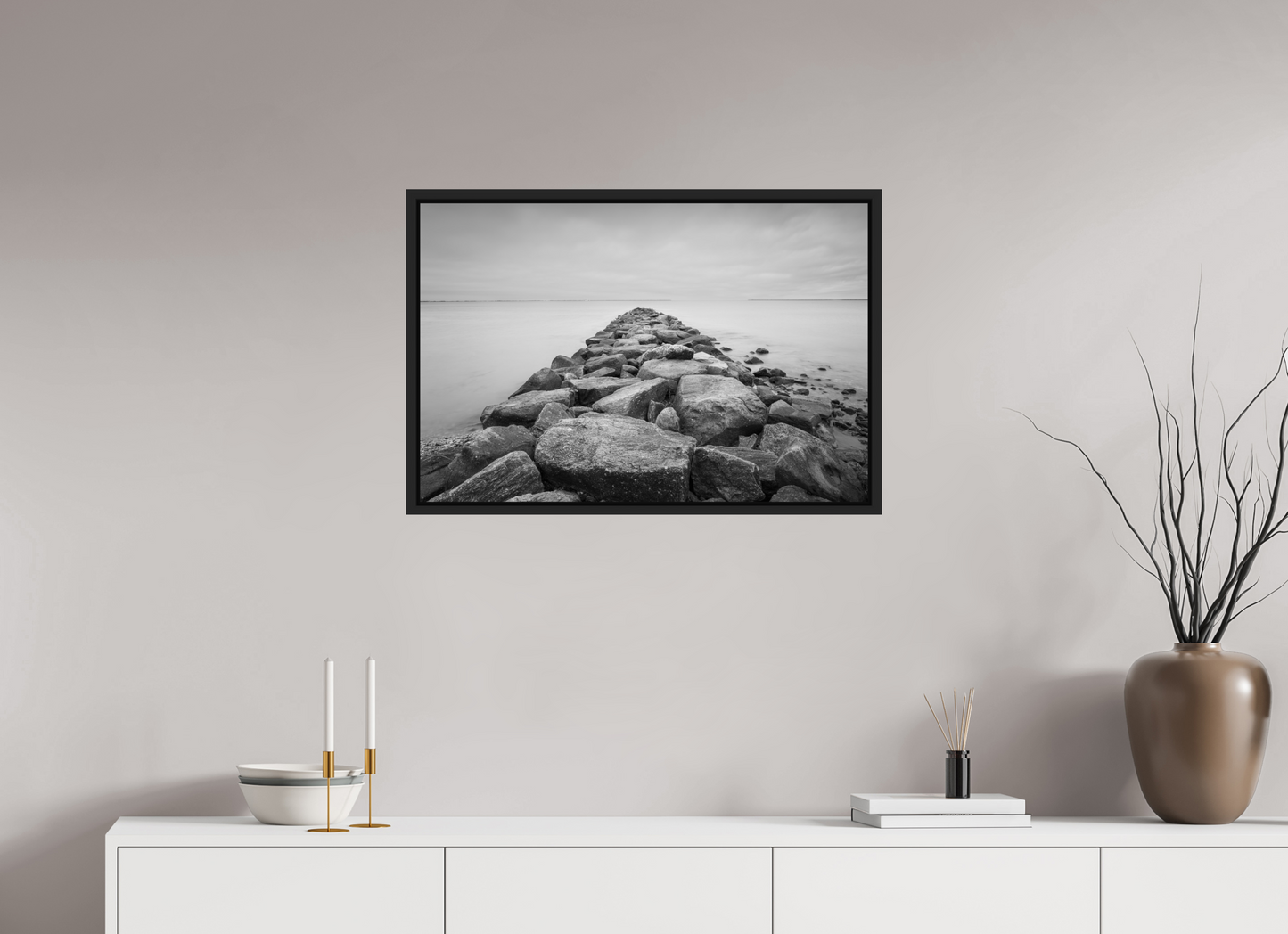 30 x 20″, ChromaLuxe HD Metal Print with Black Wood Floater Frame Sand Hill Cove Rocks