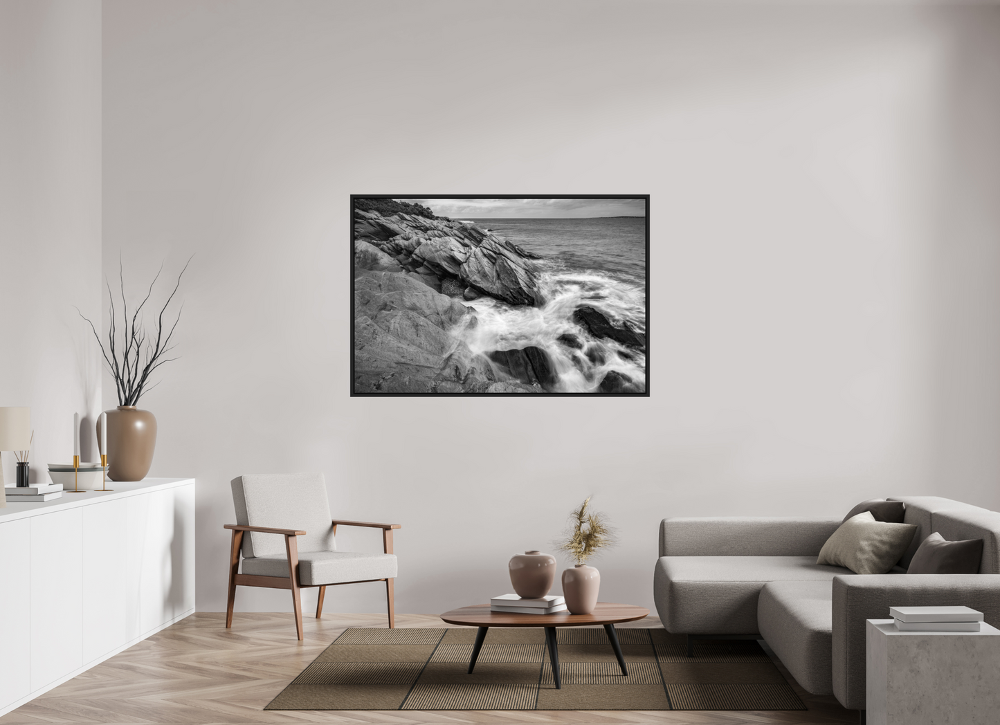 60 x 40″, ChromaLuxe HD Metal Print with Black Wood Floater Frame Beavertail Cliffs