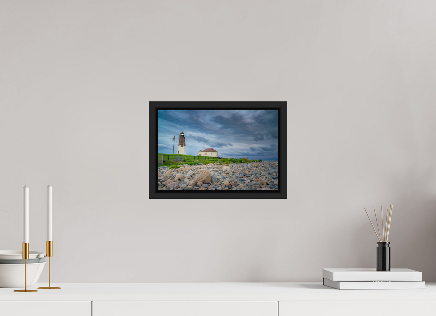 12 x 8″, Photo Print under Acrylic Glass with Black Wood Floater Frame The Point Judith Lighthouse