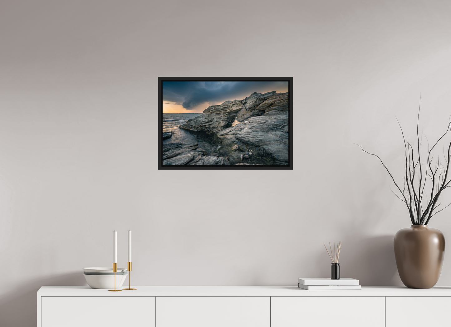 24 x 16″, Premium Photo Print under Acrylic Glass with Black Wood Floater Frame Thunderstorm Over Beavertail Arch