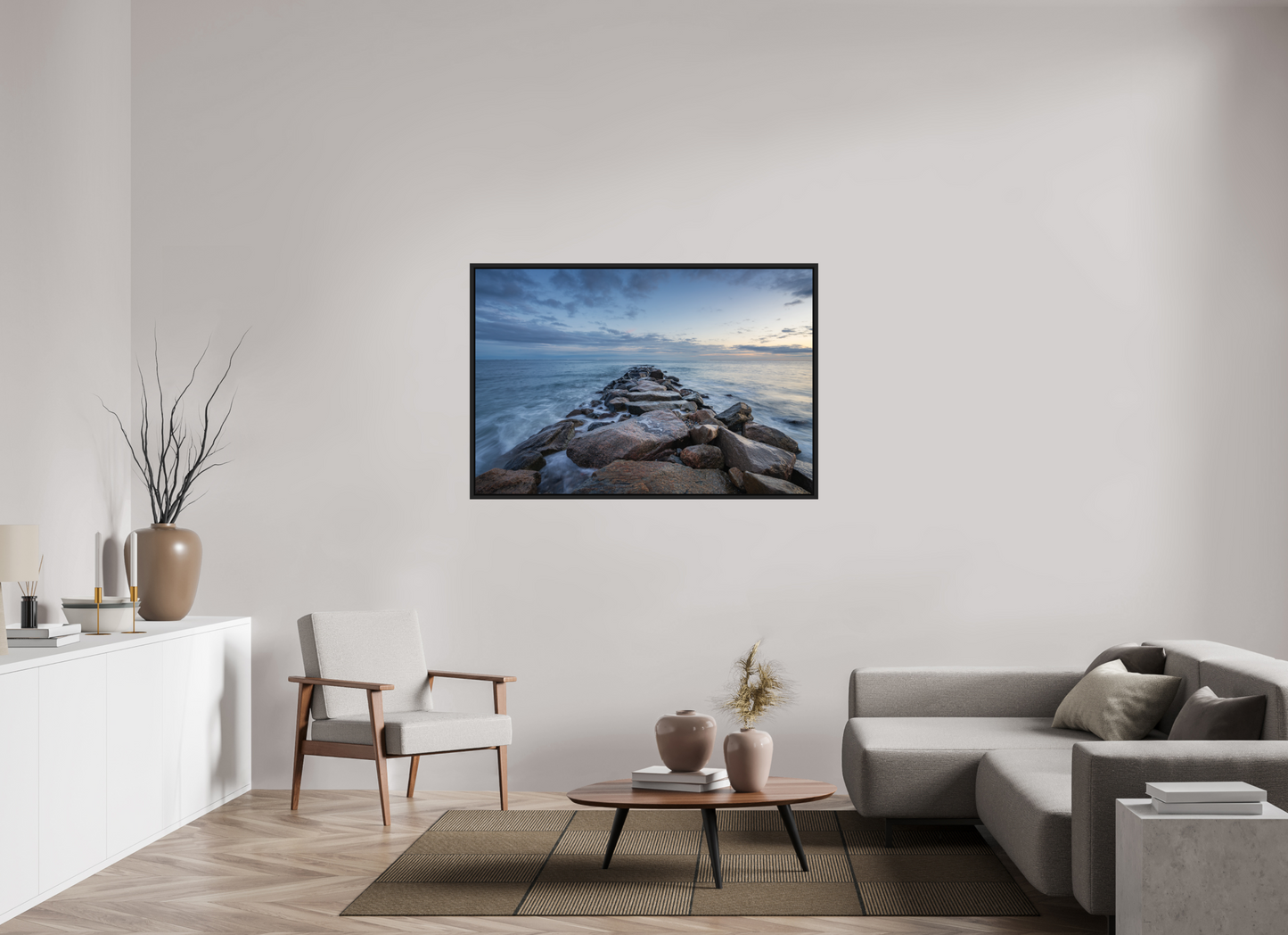 54 x 36″, ChromaLuxe HD Metal Print with Black Wood Floater Frame Roger Wheeler State Beach at Blue Hour