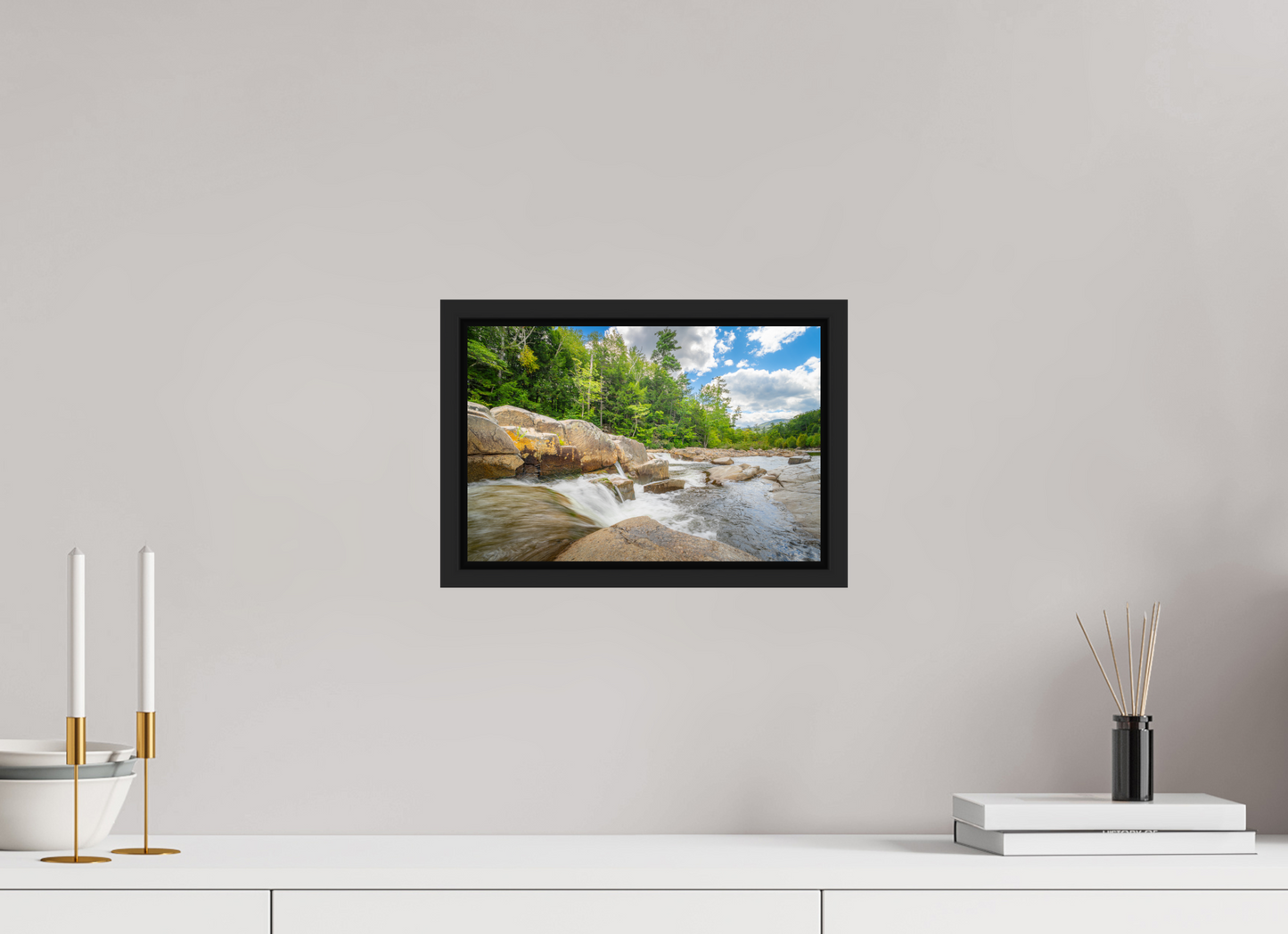12 x 8″, ChromaLuxe HD Metal Print with Black Wood Floater Frame Over the Falls