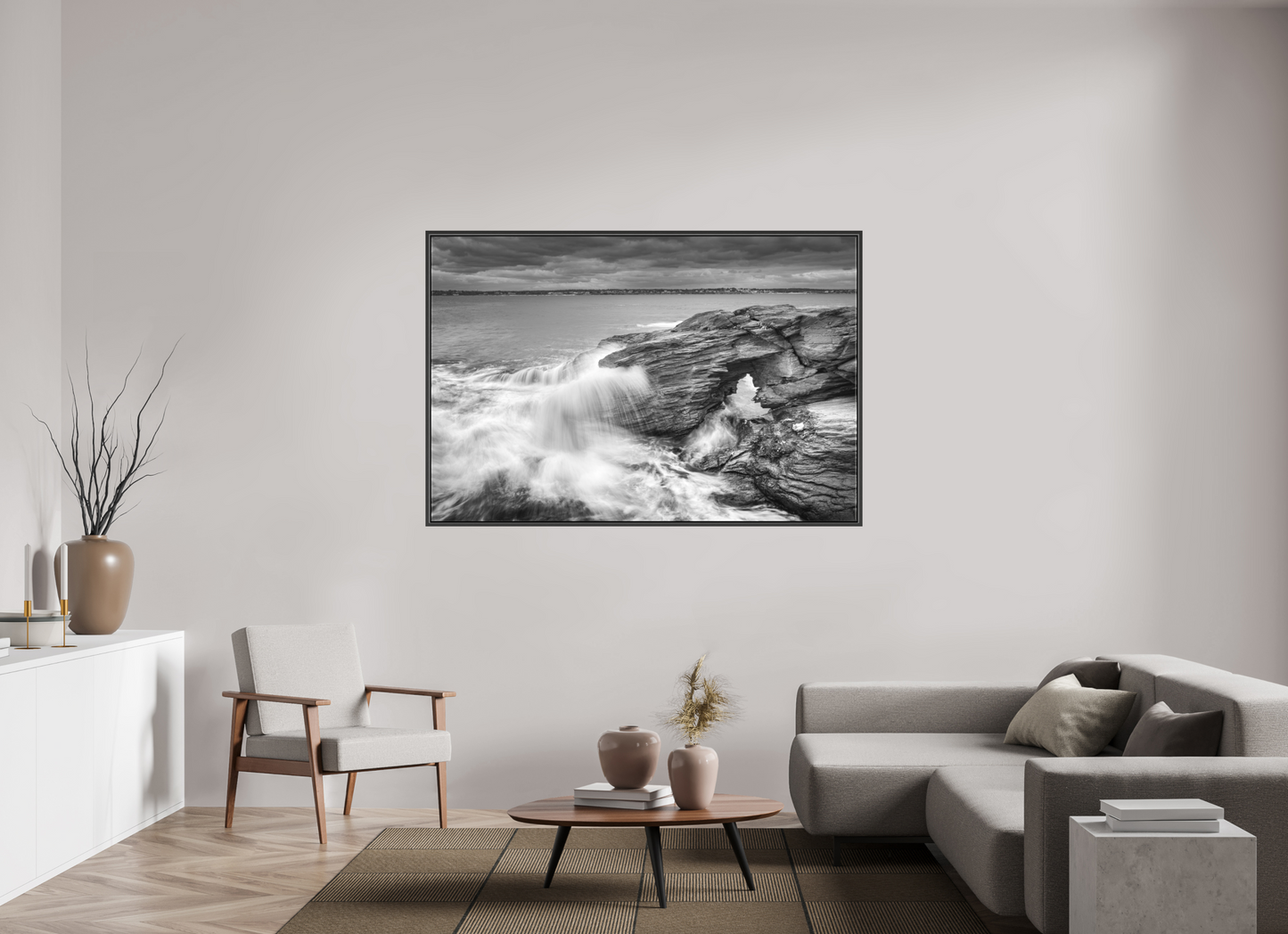 66 x 44″, Matte Canvas Print with Black Wood Floater Frame Waves Over Arches