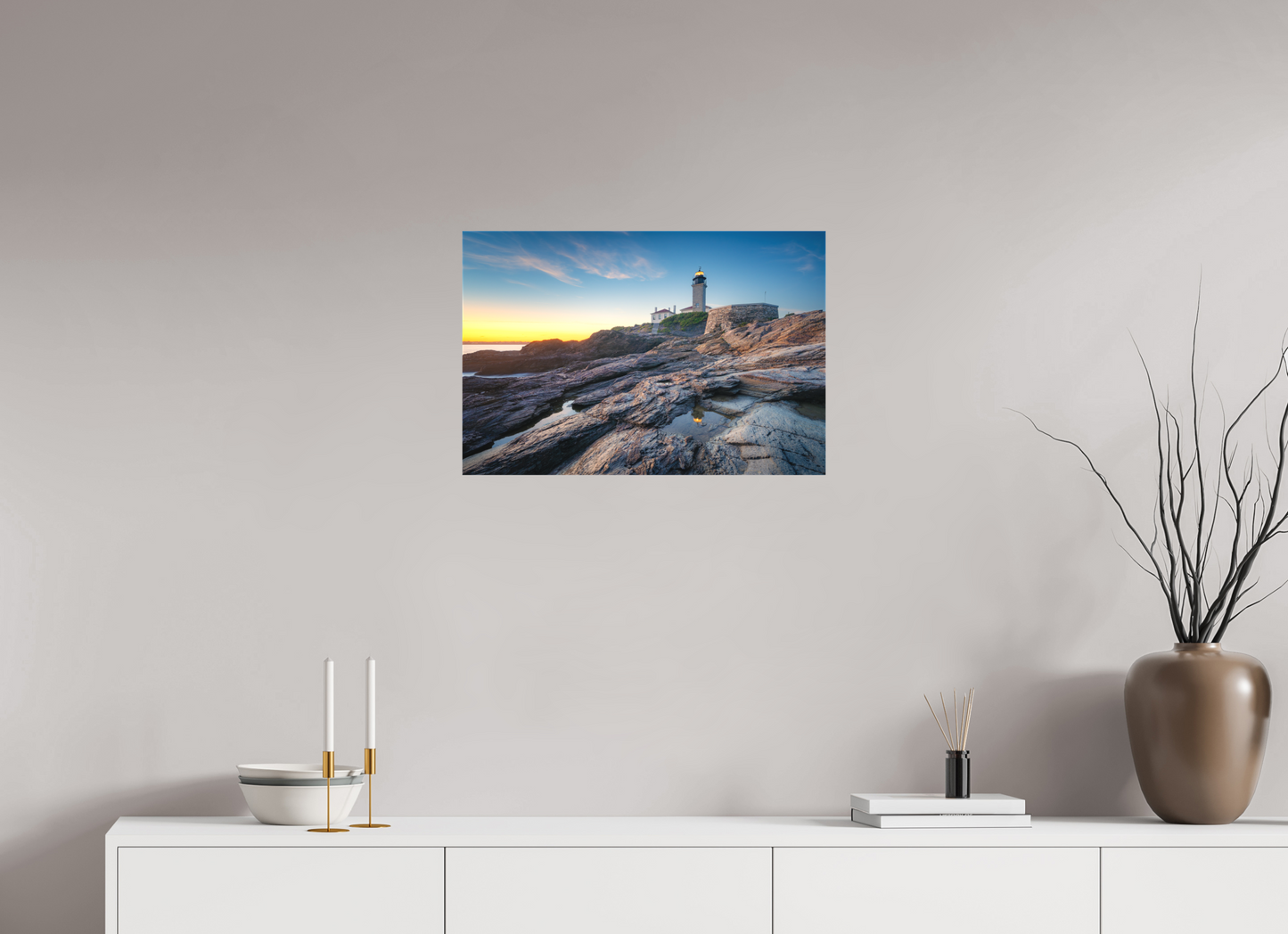 24 x 16″, Matte Canvas Print Beavertail Lighthouse Tide Pool Reflection