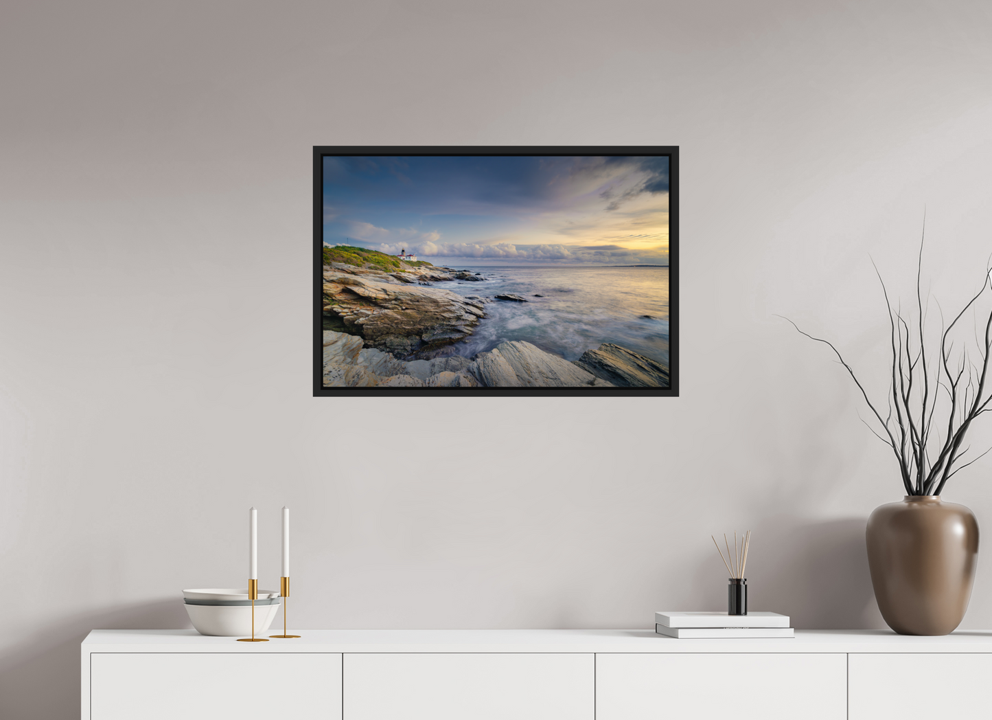 30 x 20″, Photo Print Under Acrylic Glass with Black Wood Floater Frame Twilight at Beavertail Lighthouse