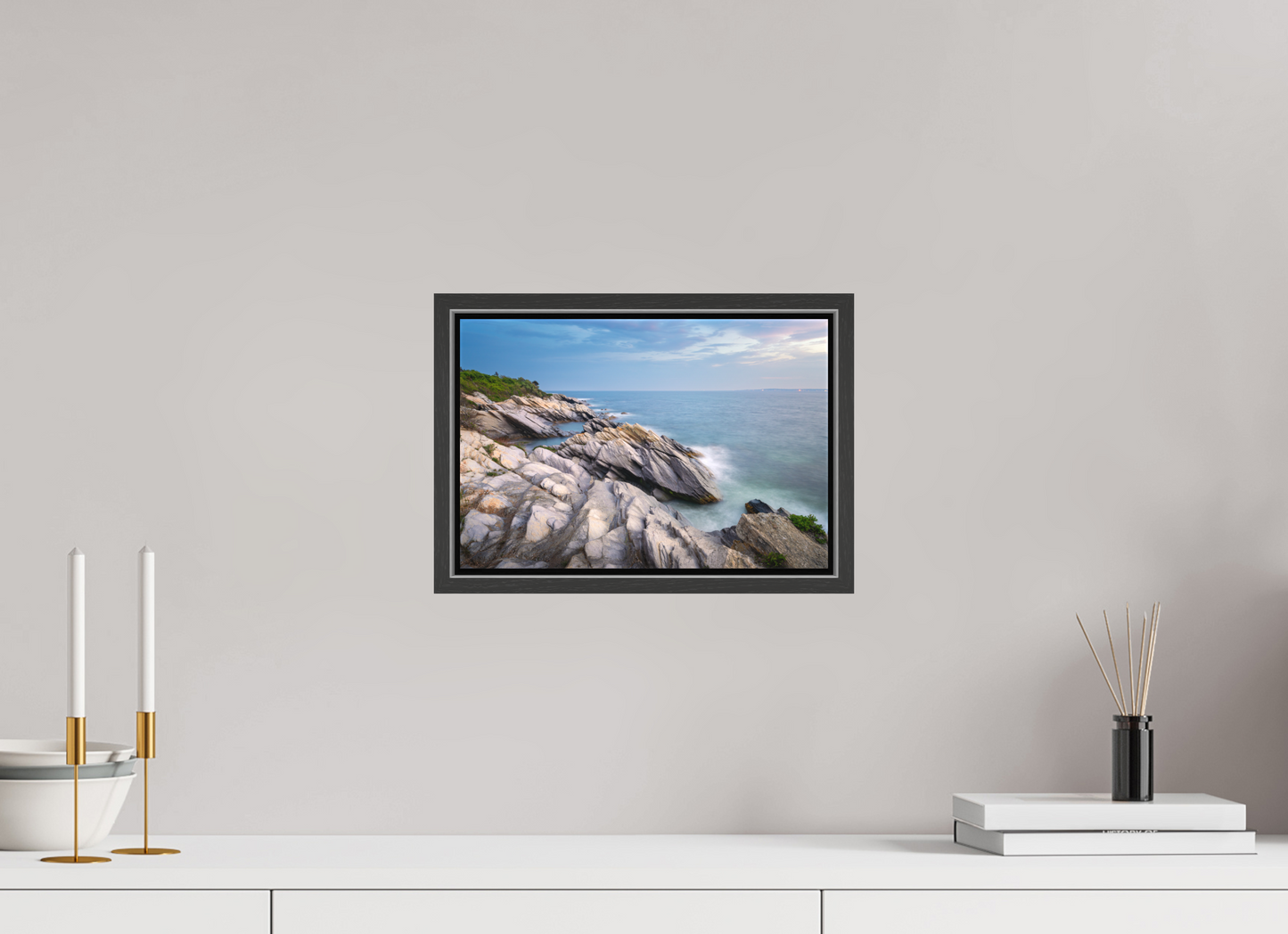 12 x 8″, Matte Canvas Print with Black Wood Floater Frame Blue Hour at Beavertail