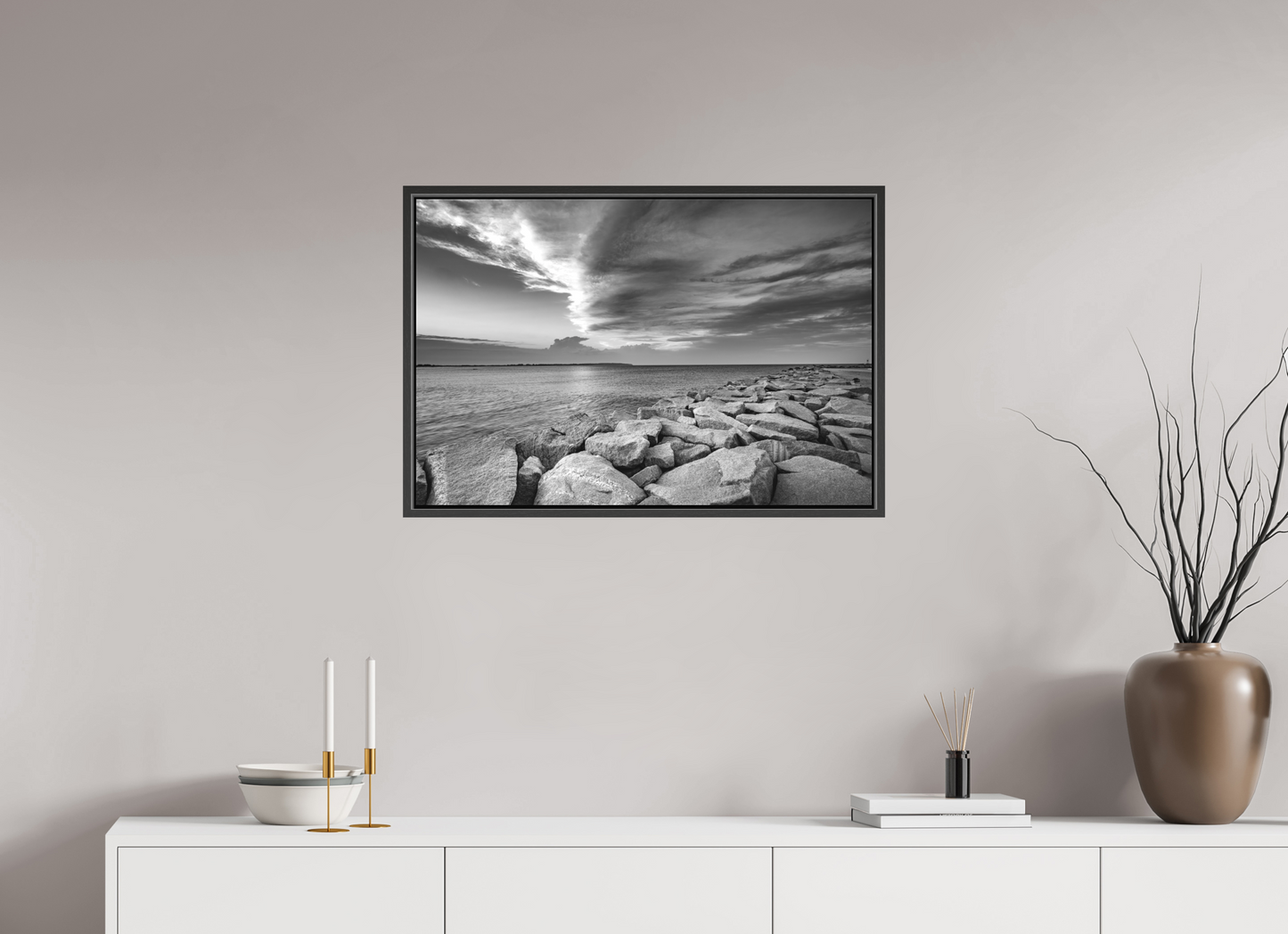 30 x 20″, Matte Canvas Print with Black Wood Floater Frame Overlooking Old Harbor