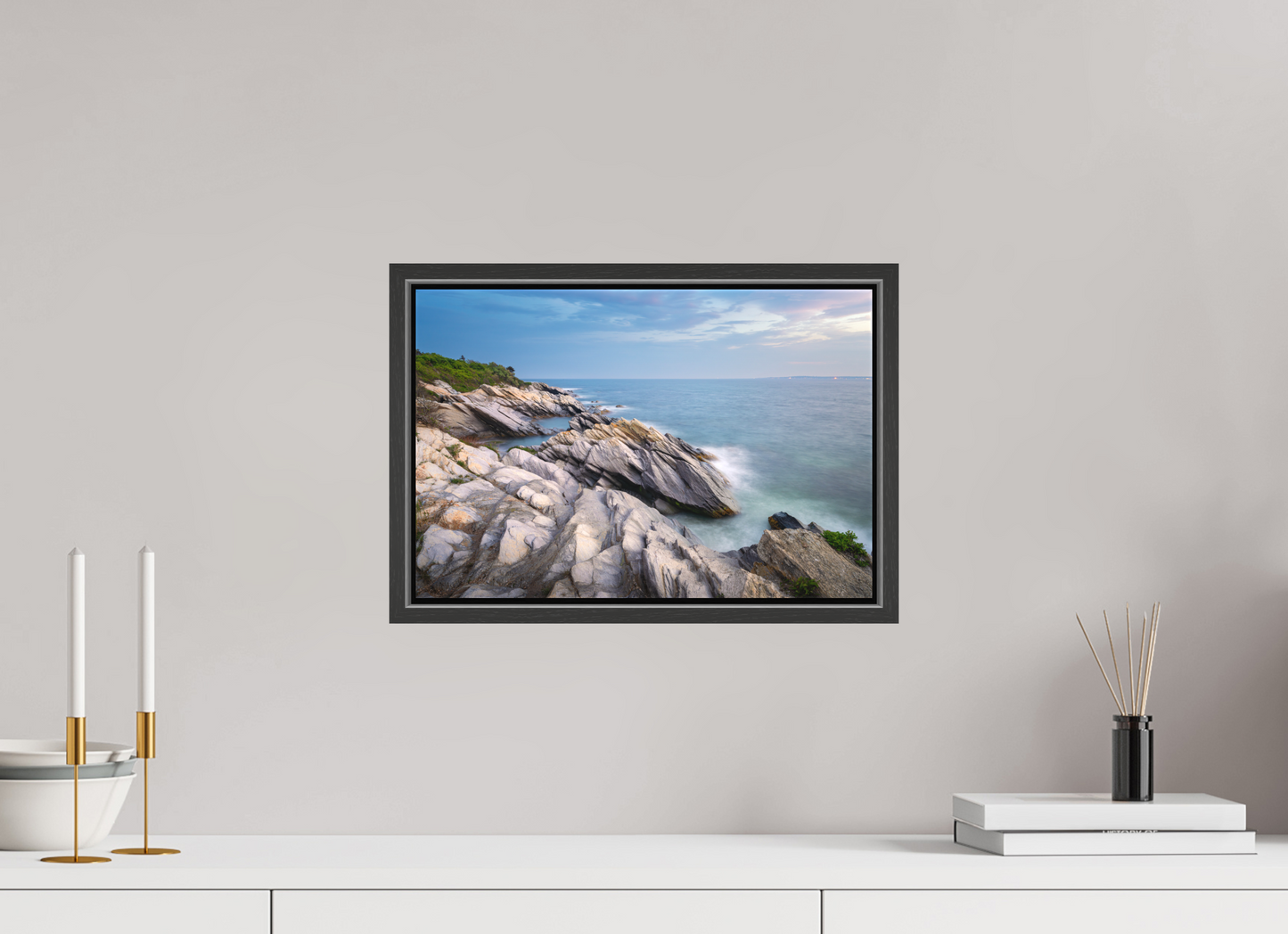 15 x 10″, Matte Canvas Print with Black Wood Floater Frame Blue Hour at Beavertail