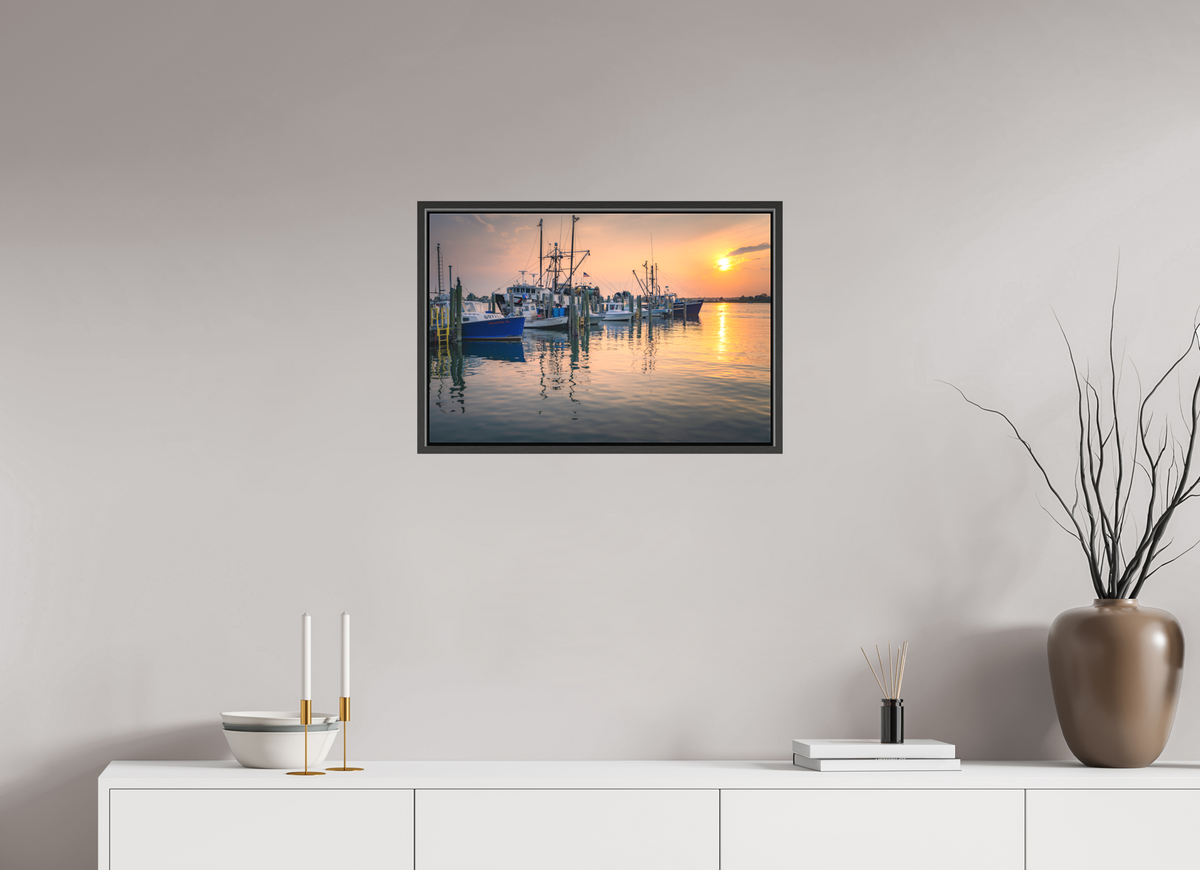 24 x 16″, Matte Canvas Print with Black Wood Floater Frame Boats at Sunset