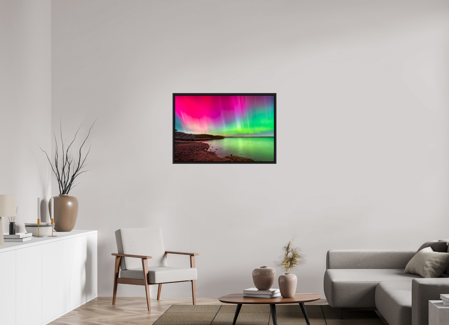 36 x 24″, ChromaLuxe HD Metal Print with Black Wood Floater Frame Aurora Borealis Over Wordens Pond