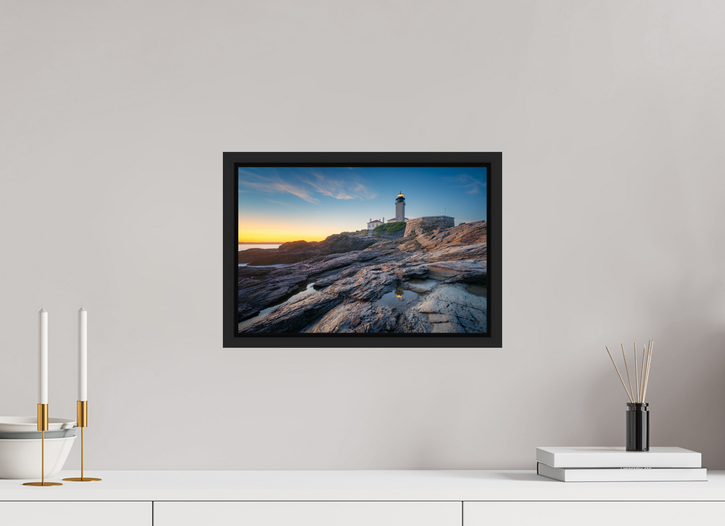 15 x 10″, Premium ChromaLuxe HD Aluminum Metal Print with Black Wood Floater Frame Beavertail Lighthouse Tide Pool Reflection