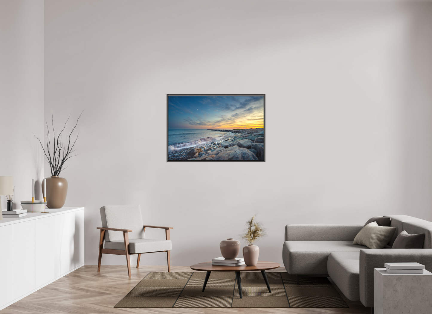 45 x 30″, Matte Canvas Print with Black Wood Floater Frame Sunset at Camp Cronin