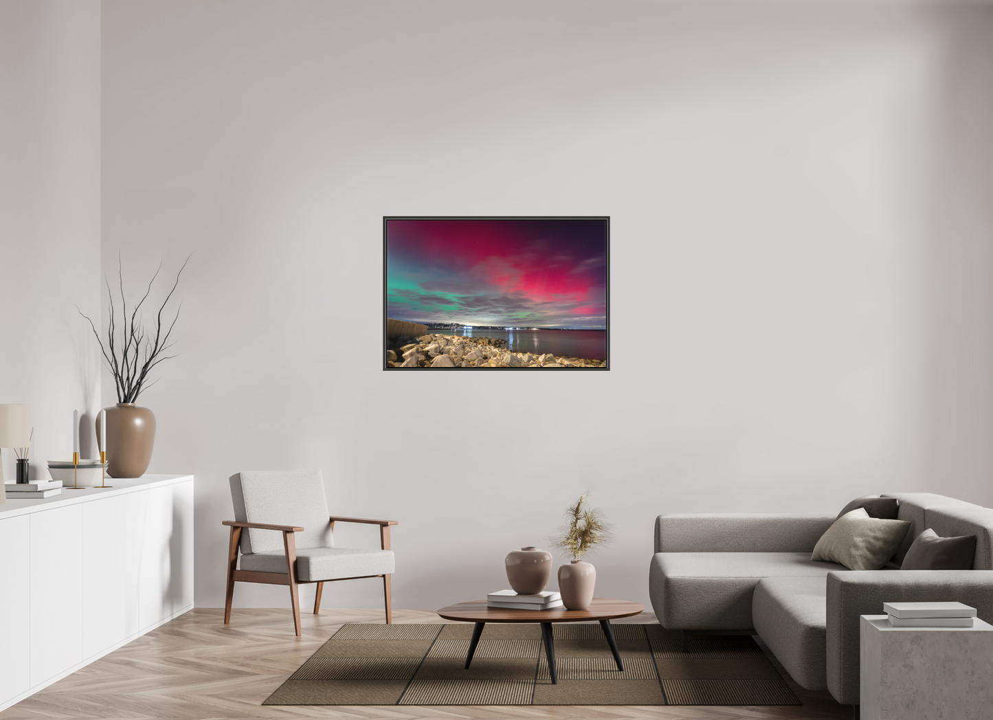 45 x 30″, Matte Canvas Print with Black Wood Floater Frame The Aurora Borealis over Narragansett Beach
