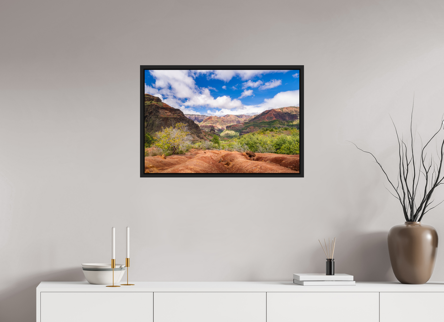 30 x 20″, Photo Print under Acrylic Glass with Black Wood Floater Frame Along the Kukui Trail