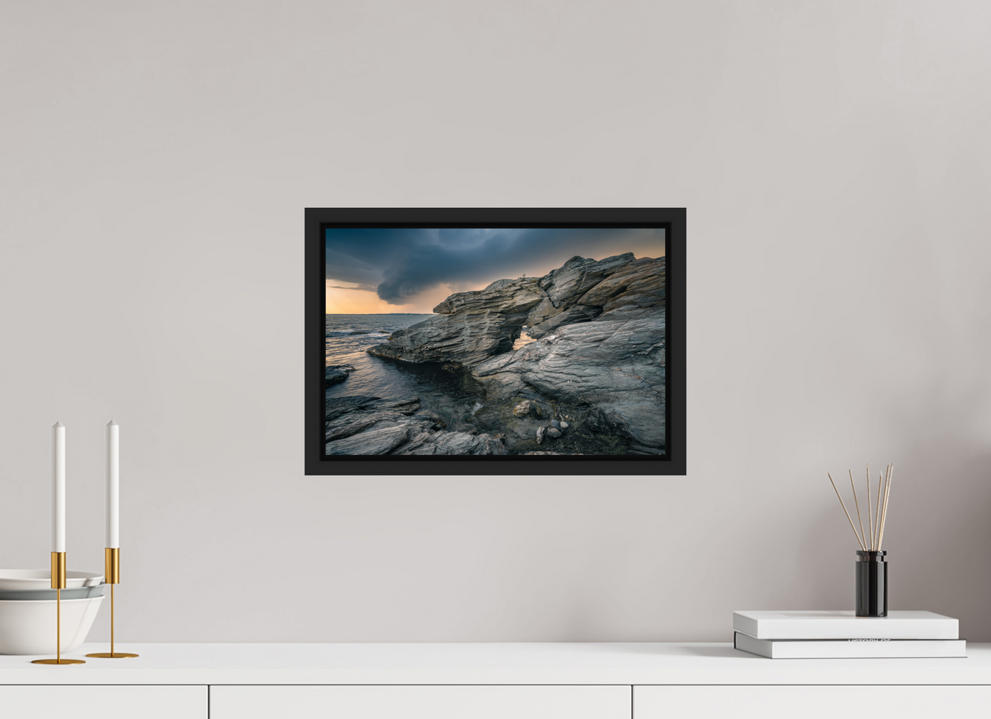15 x 10″, Premium ChromaLuxe HD Aluminum Metal Print with Black Wood Floater Frame Thunderstorm Over Beavertail Arch
