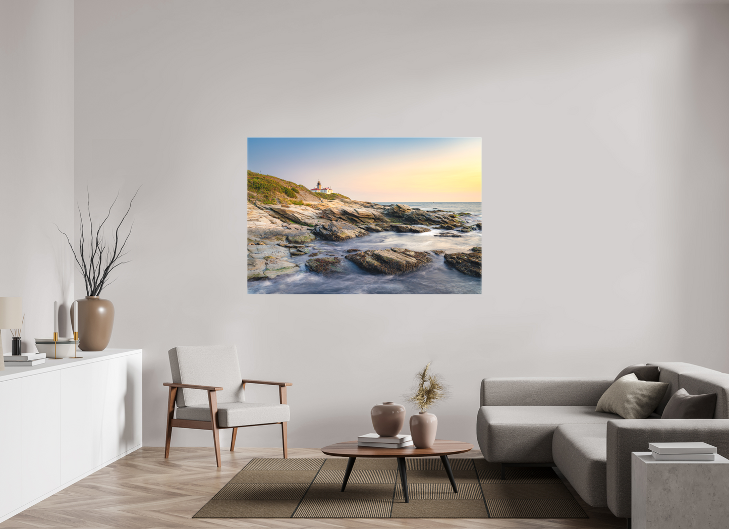 66 x 44″, Matte Canvas Print Quiet Sunset at Beavertail Lighthouse