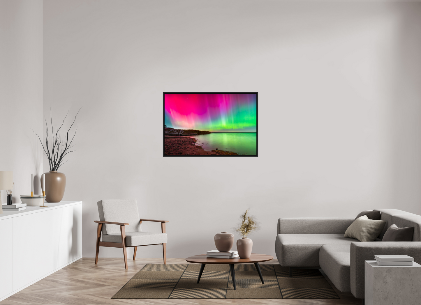 45 x 30″, Photo Print under Acrylic Glass with Black Wood Floater Frame Aurora Borealis Over Wordens Pond