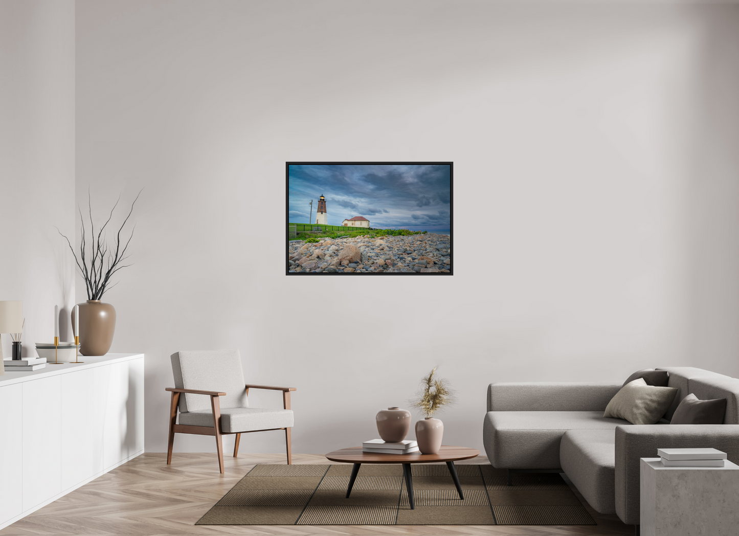 45 x 30″, ChromaLuxe HD Metal Print with Black Wood Floater Frame The Point Judith Lighthouse